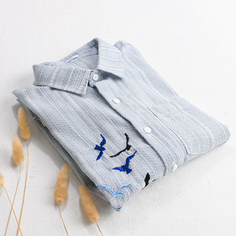 Buddha Stones Embroidery Bird Striped Pattern Long Sleeve Men's Cotton Shirt With Pocket - image 12