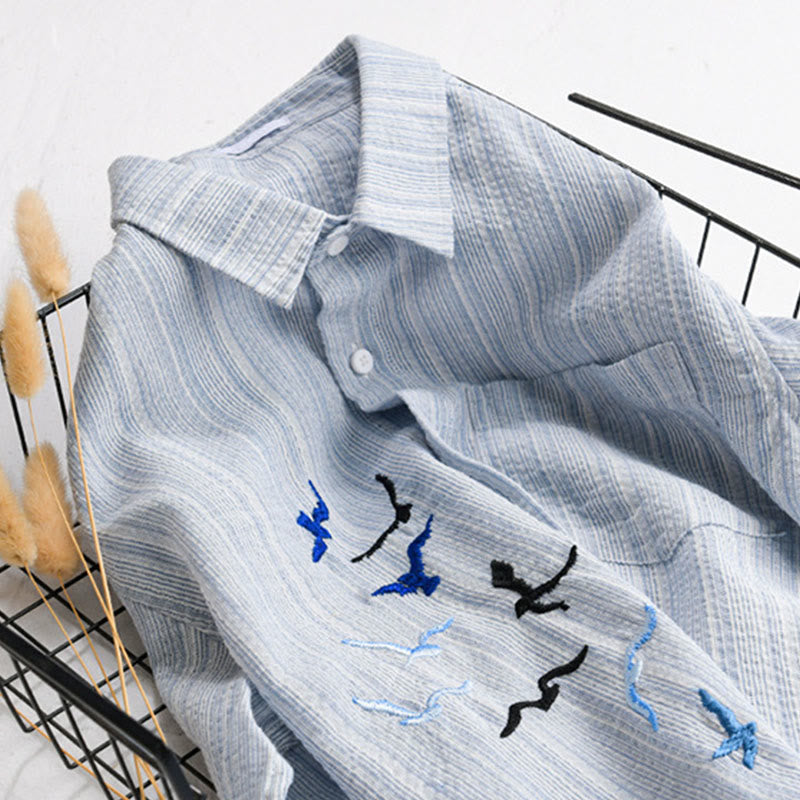 Buddha Stones Embroidery Bird Striped Pattern Long Sleeve Men's Cotton Shirt With Pocket - image 3