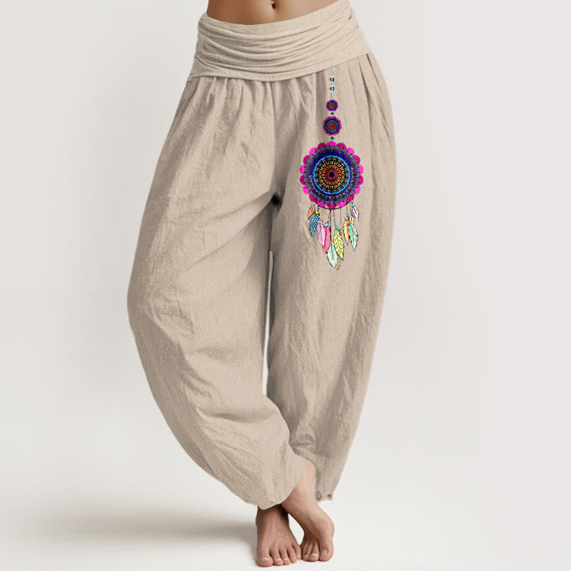 Buddha Stones Colorful Dreamcatchers Pattern Pure Cotton Women's Elastic Waist Harem Pants - Tan - US16，UK/AU20，EU48 (3XL) - image 11