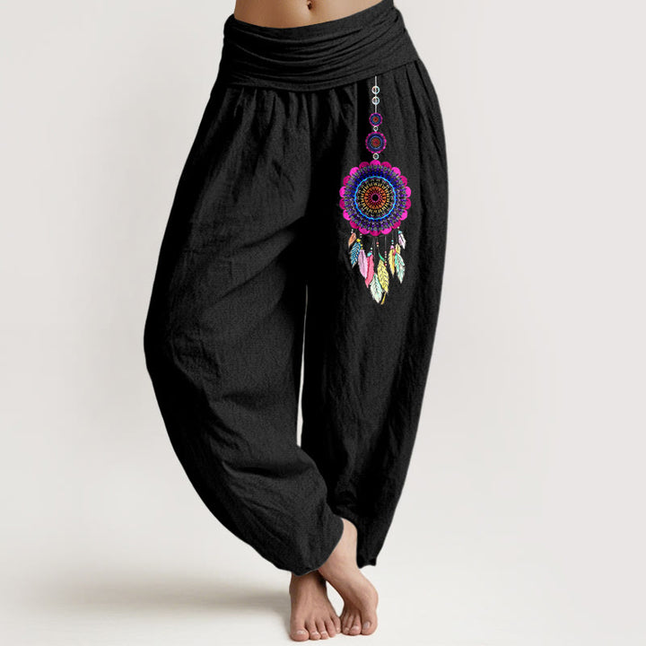 Buddha Stones Colorful Dreamcatchers Pattern Pure Cotton Women's Elastic Waist Harem Pants - Black - US16，UK/AU20，EU48 (3XL) - image 0