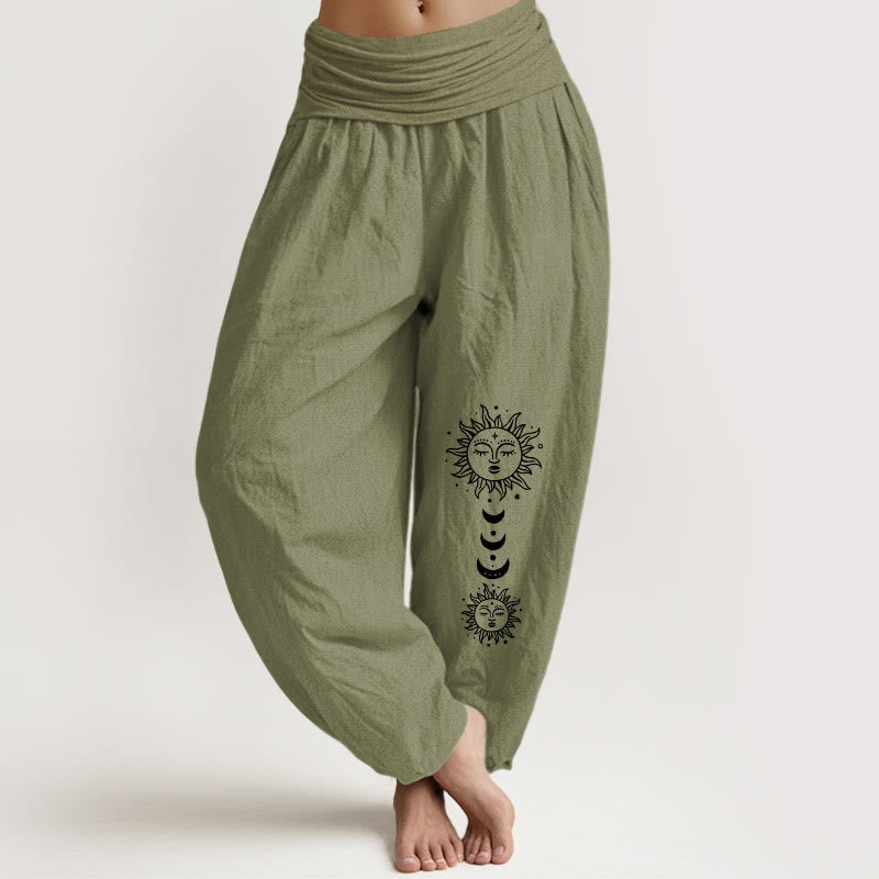 Buddha Stones Bohemian Sun Moon Pattern Women's Elastic Waist Harem Pure Cotton Pants - OliveDrab - US16，UK/AU20，EU48 (3XL) - image 14
