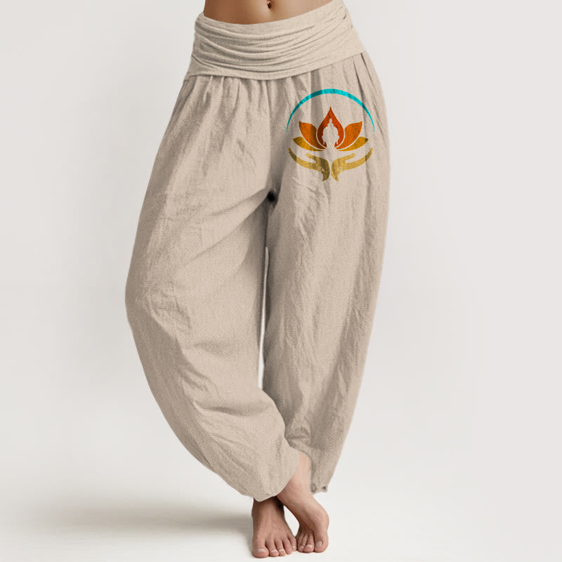Buddha Stones Lotus Buddha Symbol Pattern Elastic Waist Women's Harem Pure Cotton Pants - Tan - US16，UK/AU20，EU48 (3XL) - image 11