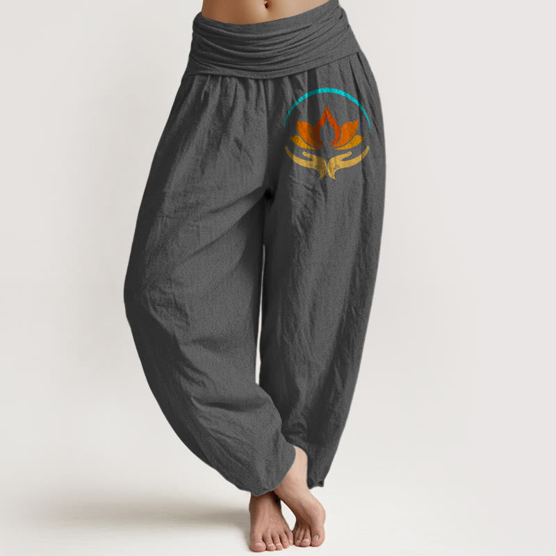 Buddha Stones Lotus Buddha Symbol Pattern Elastic Waist Women's Harem Pure Cotton Pants - DimGray - US16，UK/AU20，EU48 (3XL) - image 8