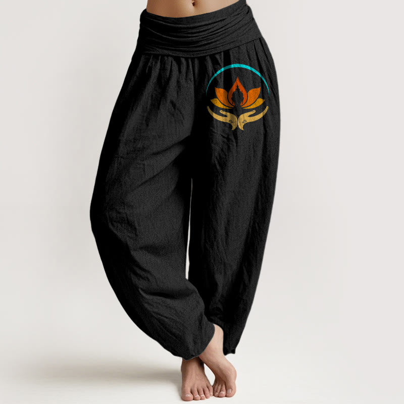 Buddha Stones Lotus Buddha Symbol Pattern Elastic Waist Women's Harem Pure Cotton Pants - Black - US16，UK/AU20，EU48 (3XL) - image 0