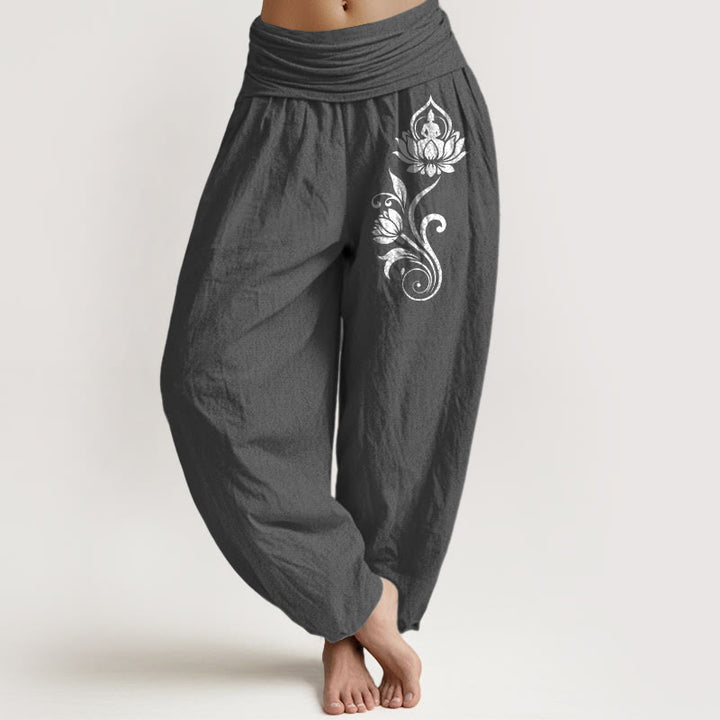 Buddha Stones Sitting Buddha Lotus Floral Pattern Elastic Waist Women's Harem Pure Cotton Pants - DimGray - US16，UK/AU20，EU48 (3XL) - image 8