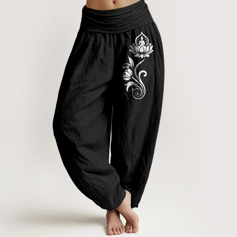 Buddha Stones Sitting Buddha Lotus Floral Pattern Elastic Waist Women's Harem Pure Cotton Pants - Black - US16，UK/AU20，EU48 (3XL) - image 5