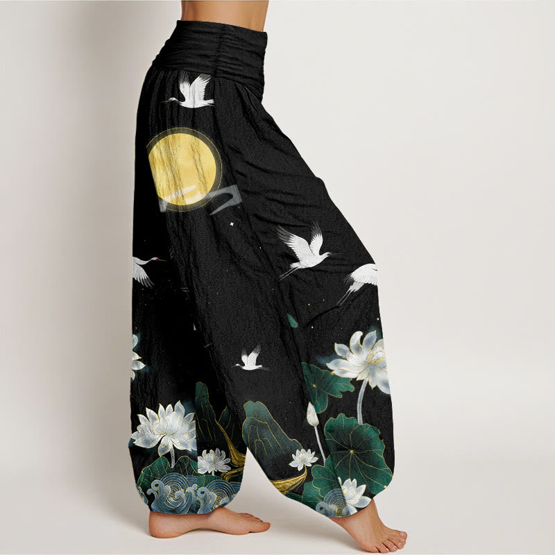 Buddha Stones Pure Cotton Crane Blooming Lotus Moon Mountain Women's Elastic Waist Harem Pants - image 2