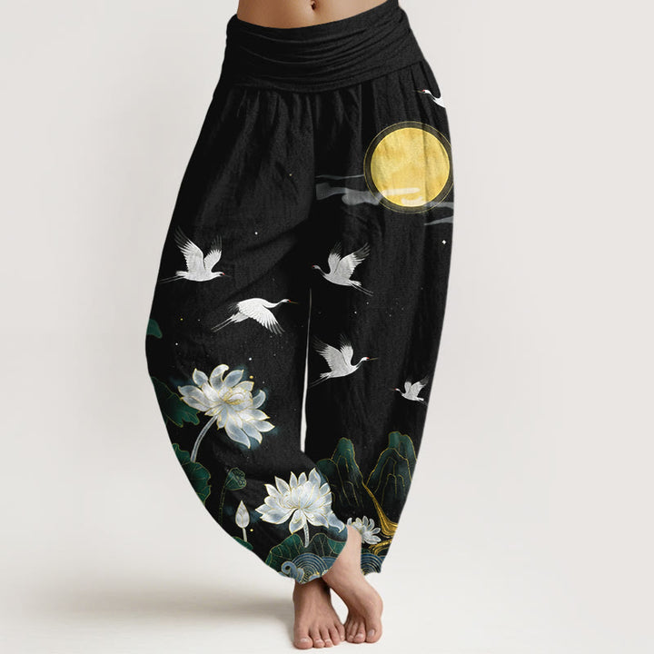 Buddha Stones Pure Cotton Crane Blooming Lotus Moon Mountain Women's Elastic Waist Harem Pants - Black - US16，UK/AU20，EU48 (3XL) - image 0