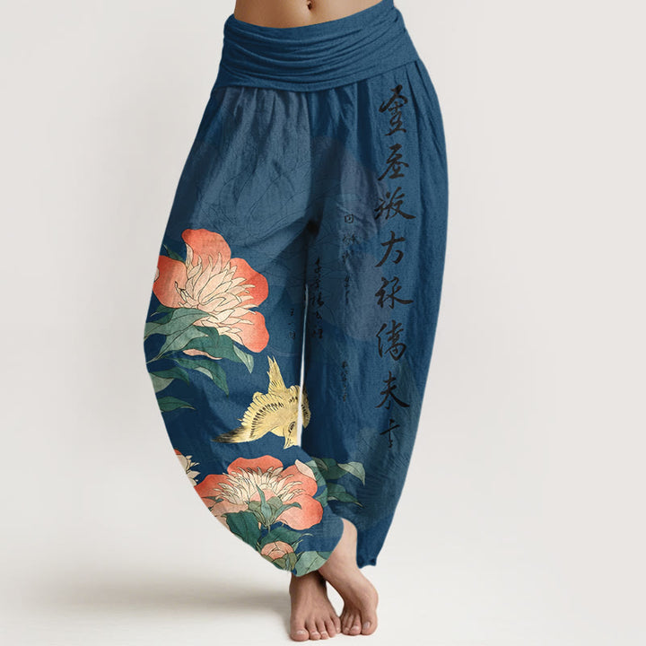Buddha Stones Pure Cotton Peony Bird Calligraphy Women's Elastic Waist Harem Pants - SteelBlue - US16，UK/AU20，EU48 (3XL) - image 0