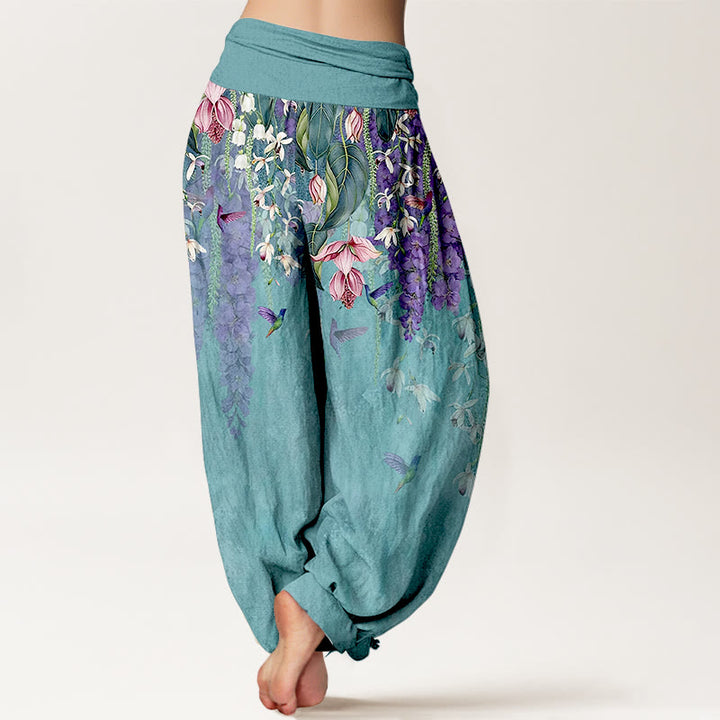 Buddha Stones Pure Cotton Orchid Birds Pattern Women's Elastic Waist Harem Pants - image 1