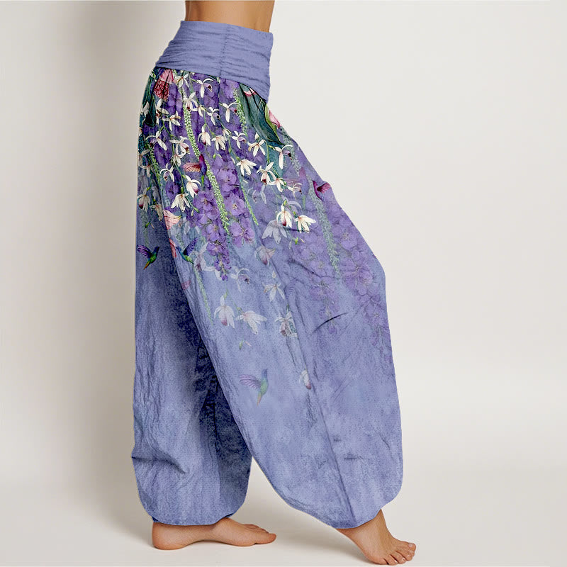 Buddha Stones Pure Cotton Orchid Birds Pattern Women's Elastic Waist Harem Pants - image 7