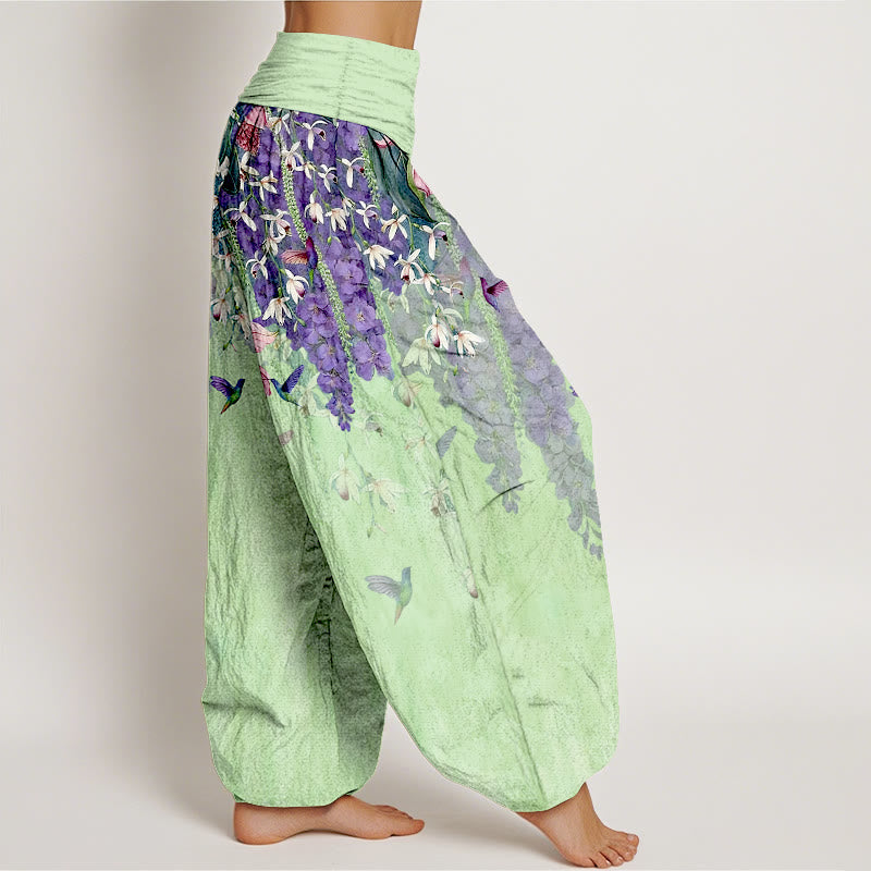 Buddha Stones Pure Cotton Orchid Birds Pattern Women's Elastic Waist Harem Pants - image 10