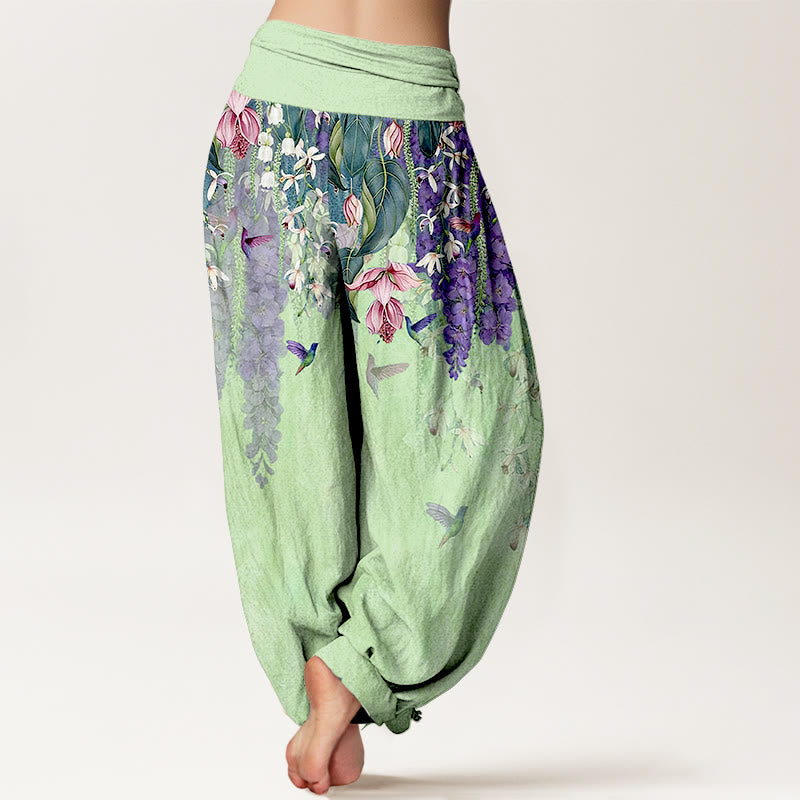 Buddha Stones Pure Cotton Orchid Birds Pattern Women's Elastic Waist Harem Pants - image 9