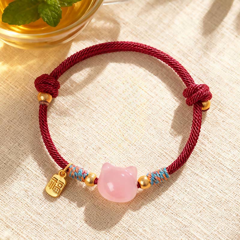 Buddha Stones Cat Fu Character Silver Sheen Obsidian Pink Crystal String Protection Bracelet - Pink Crystal Red Rope(Wrist Circumference:15-18cm) - image 7