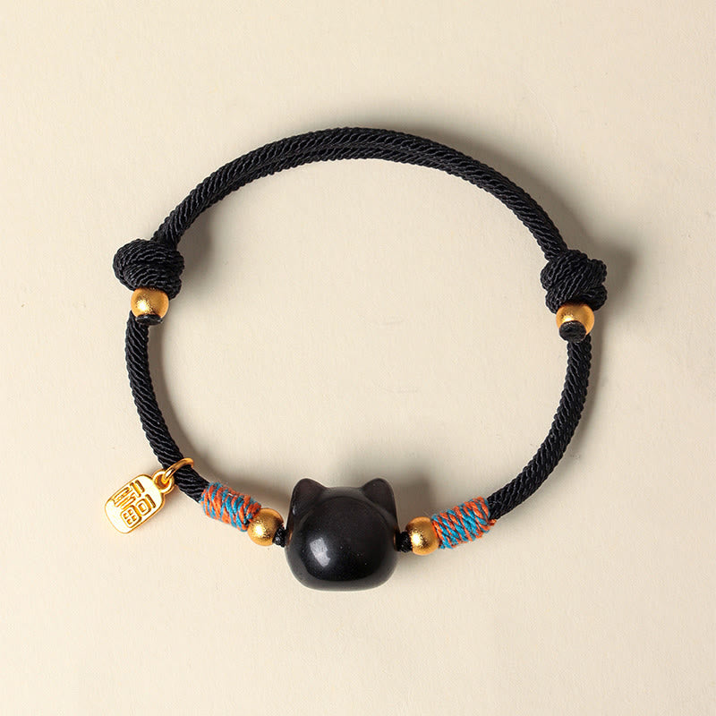 Buddha Stones Cat Fu Character Silver Sheen Obsidian Pink Crystal String Protection Bracelet - image 3