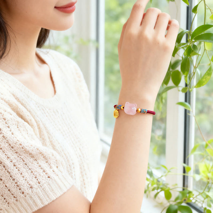 Buddha Stones Cat Fu Character Silver Sheen Obsidian Pink Crystal String Protection Bracelet - image 11