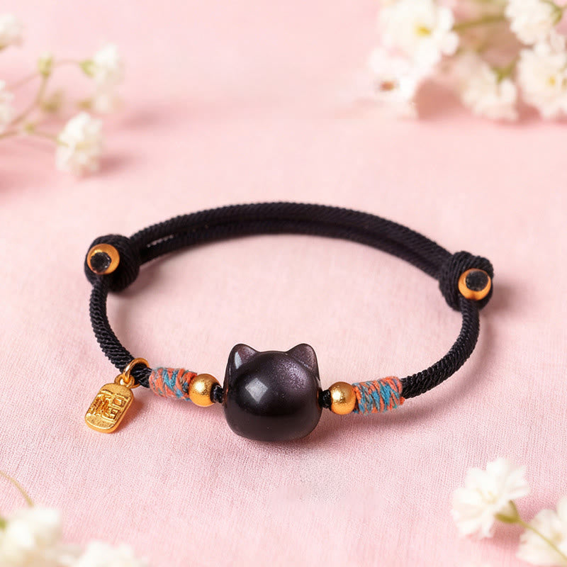 Buddha Stones Cat Fu Character Silver Sheen Obsidian Pink Crystal String Protection Bracelet - image 1