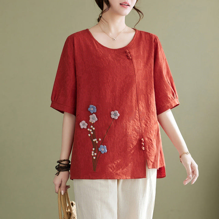 Buddha Stones Three-dimensional Flowers Design Crew Neck Short Sleeve Cotton Women's Shirt - Tomato - US12，UK/AU16，EU44 (3XL) - image 6