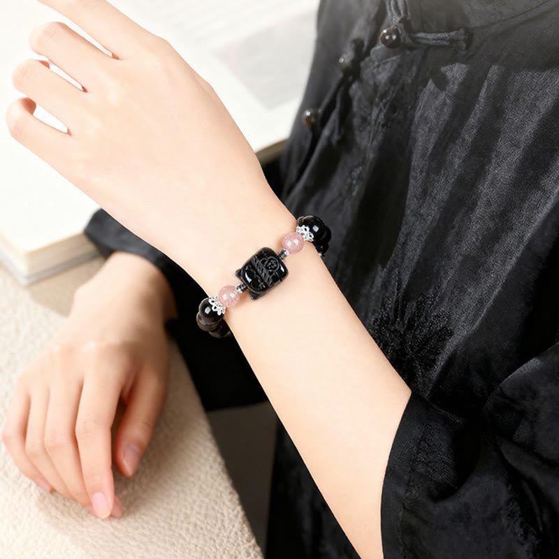 Buddha Stones Cat Silver Sheen Obsidian Strawberry Quartz Protection Bracelet - image 4