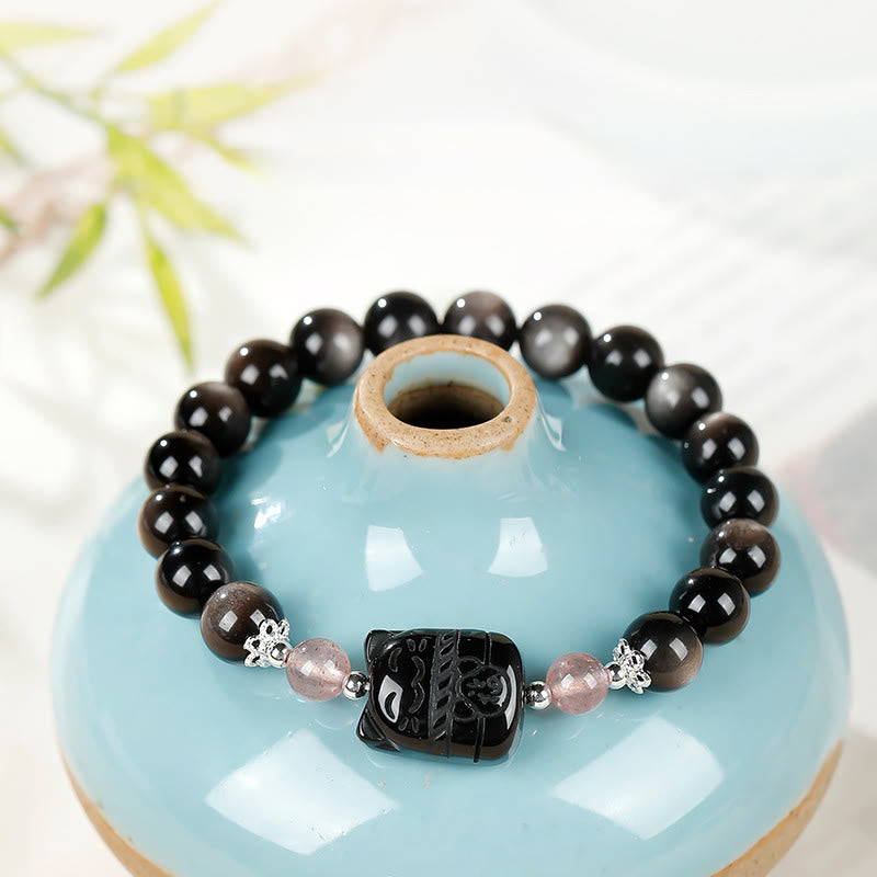 Buddha Stones Cat Silver Sheen Obsidian Strawberry Quartz Protection Bracelet - image 3