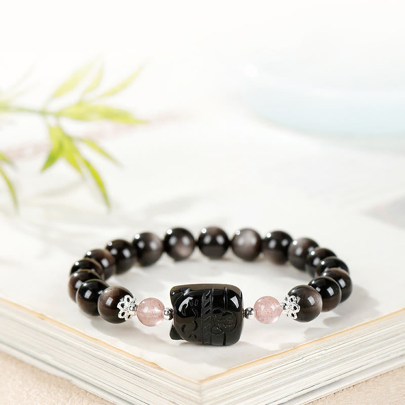 Buddha Stones Cat Silver Sheen Obsidian Strawberry Quartz Protection Bracelet - image 2