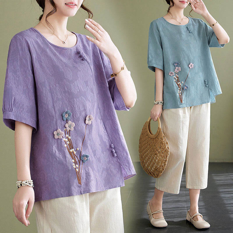 Buddha Stones Three-dimensional Flowers Design Crew Neck Short Sleeve Cotton Women's Shirt - image 17