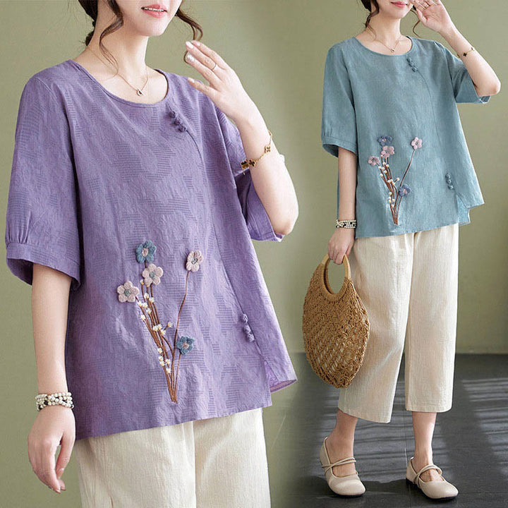 Buddha Stones Three-dimensional Flowers Design Crew Neck Short Sleeve Cotton Women's Shirt - image 17