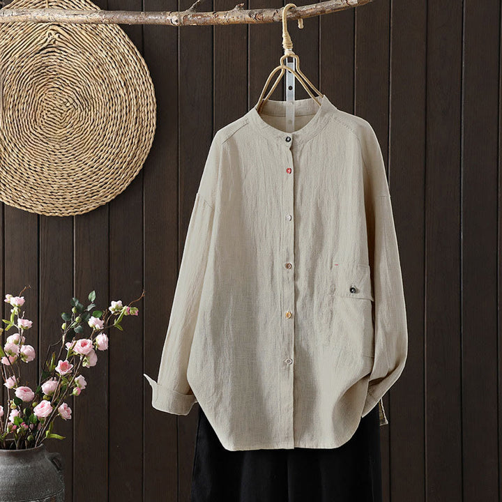 Buddha Stones Fall Solid Color Crew Neck Colorful Buttons Down Design Women's Cotton Long Sleeve Shirt - Linen - US8-10，UK/AU12-14，EU40-42 (2XL) - image 5