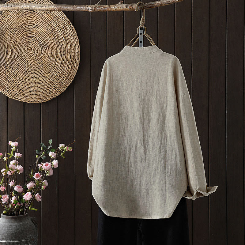 Buddha Stones Fall Solid Color Crew Neck Colorful Buttons Down Design Women's Cotton Long Sleeve Shirt - image 6