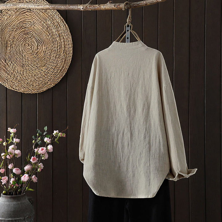 Buddha Stones Fall Solid Color Crew Neck Colorful Buttons Down Design Women's Cotton Long Sleeve Shirt - image 6