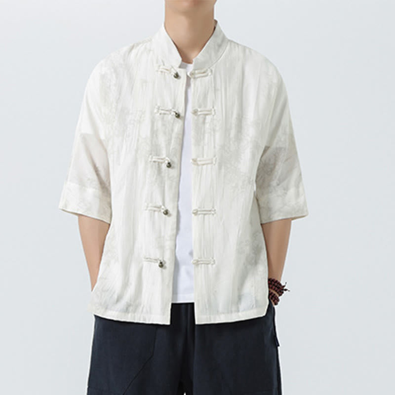 Buddha Stones Summer Pine Needles Pattern Short Sleeve Frog-Button Design Men's Shirt - image 15