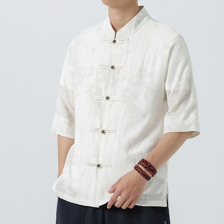 Buddha Stones Summer Pine Needles Pattern Short Sleeve Frog-Button Design Men's Shirt - image 14