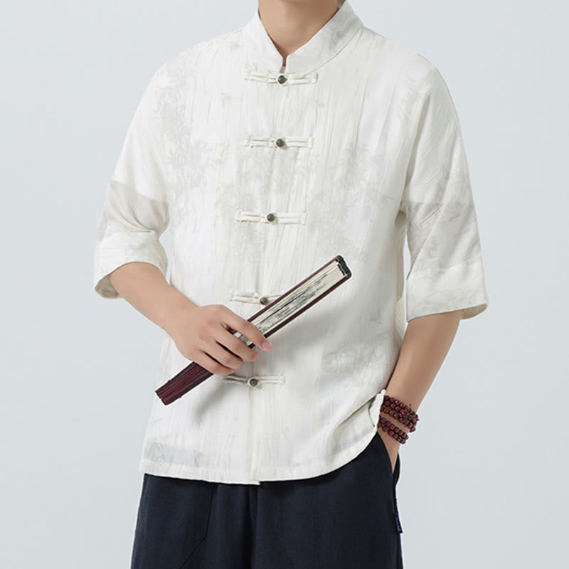 Buddha Stones Summer Pine Needles Pattern Short Sleeve Frog-Button Design Men's Shirt - image 16