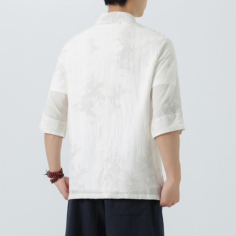 Buddha Stones Summer Pine Needles Pattern Short Sleeve Frog-Button Design Men's Shirt - image 12