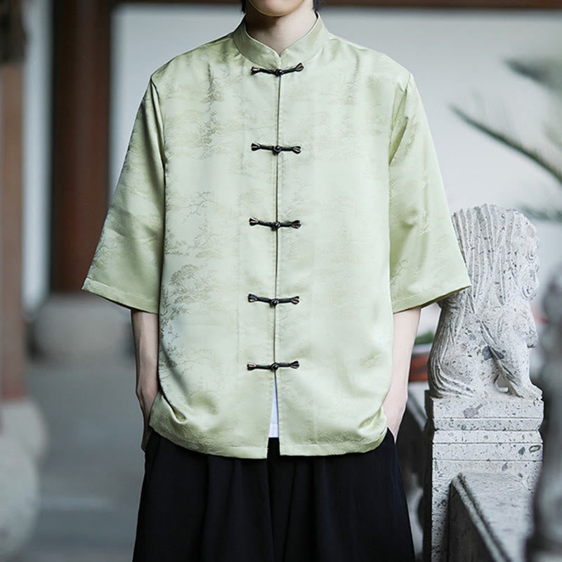 Buddha Stones Summer Pine Tree Mountain Pattern Half Sleeve Frog-Button Design Men's Shirt - image 4