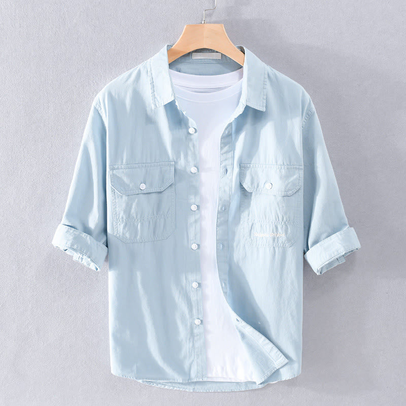 Buddha Stones Summer Buttons Down Two Decorative Pockets Men's Half Sleeve Cotton Shirt - PowderBlue - US/UK/AU40，EU50 (3XL) - image 0