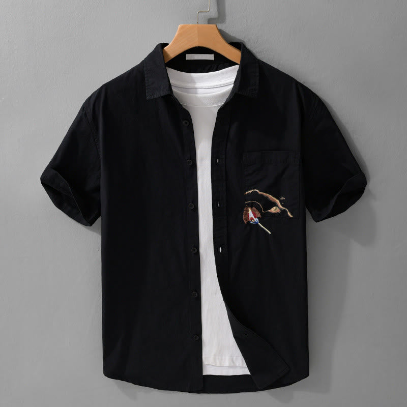 Buddha Stones Summer Buttons Down Bird Embroidery Decorative Pocket Men's Short Sleeve Cotton Shirt - Black - US/UK/AU40，EU50 (3XL) - image 10