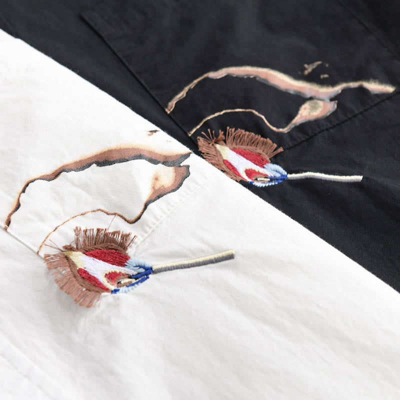 Buddha Stones Summer Buttons Down Bird Embroidery Decorative Pocket Men's Short Sleeve Cotton Shirt - image 16