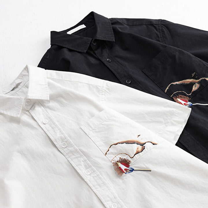 Buddha Stones Summer Buttons Down Bird Embroidery Decorative Pocket Men's Short Sleeve Cotton Shirt - image 15