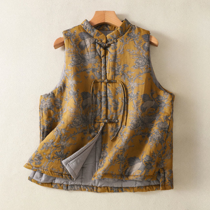 Buddha Stones Crane Flowers Branches Frog-Button Pattern Cotton Women's Sleeveless Vest Waistcoat - Goldenrod - US8-10，UK/AU12-14，EU40-42 (2XL) - image 0