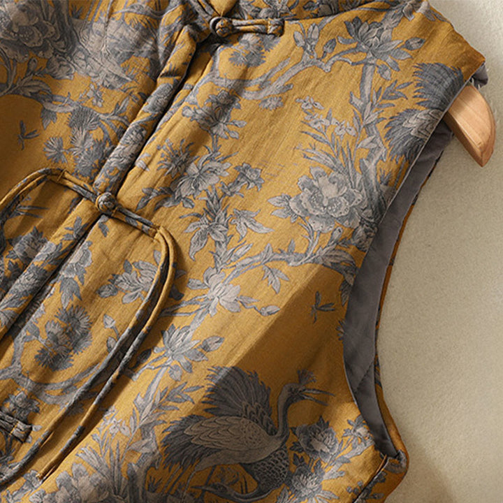 Buddha Stones Crane Flowers Branches Frog-Button Pattern Cotton Women's Sleeveless Vest Waistcoat - image 7