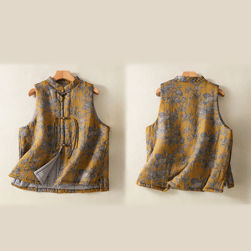 Buddha Stones Crane Flowers Branches Frog-Button Pattern Cotton Women's Sleeveless Vest Waistcoat - image 3