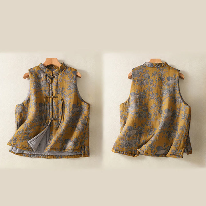 Buddha Stones Crane Flowers Branches Frog-Button Pattern Cotton Women's Sleeveless Vest Waistcoat - image 3