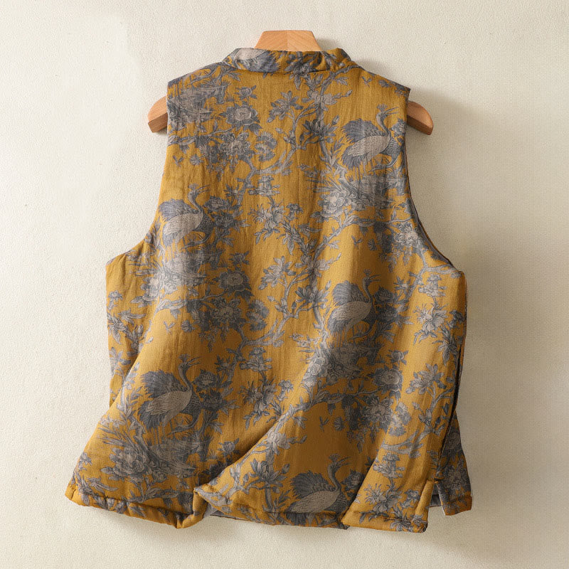 Buddha Stones Crane Flowers Branches Frog-Button Pattern Cotton Women's Sleeveless Vest Waistcoat - image 1