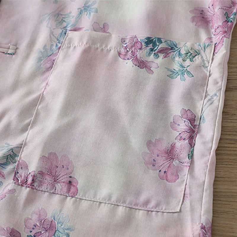 Buddha Stones Fall Purple Floral Green Leaves Print Frog-Button Stand Collar Long Sleeve Women's Cotton Shirt - image 6