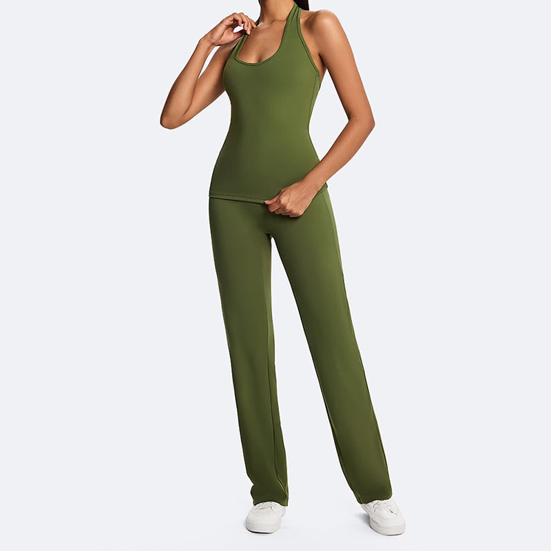 Buddha Stones Solid Crop Halter Backless Sleeveless Top Straight Leg Pants For Sports Fitness Yoga - image 14