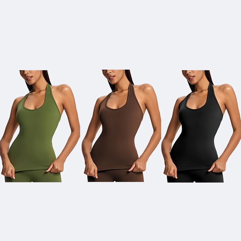 Buddha Stones Solid Crop Halter Backless Sleeveless Top Straight Leg Pants For Sports Fitness Yoga - image 27