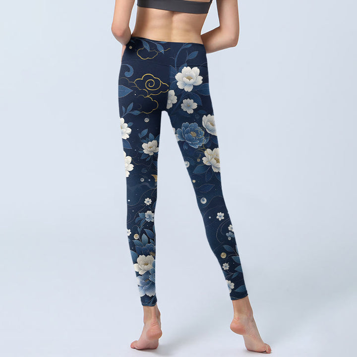Buddha Stones Blue White Peony Flowers Koi Fish Print Gym Leggings Women's Yoga Pants - image 6