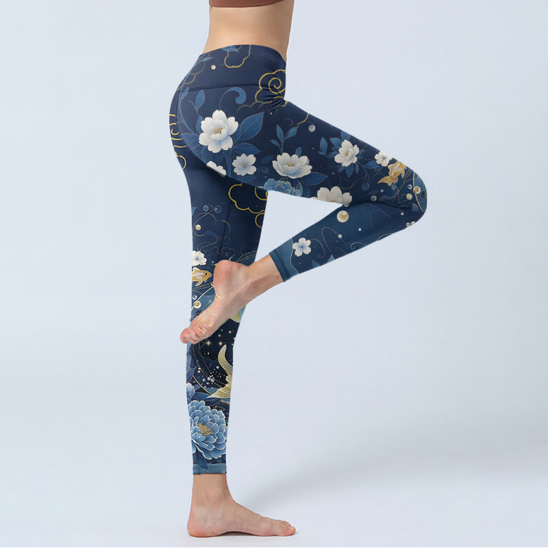Buddha Stones Blue White Peony Flowers Koi Fish Print Gym Leggings Women's Yoga Pants - image 3