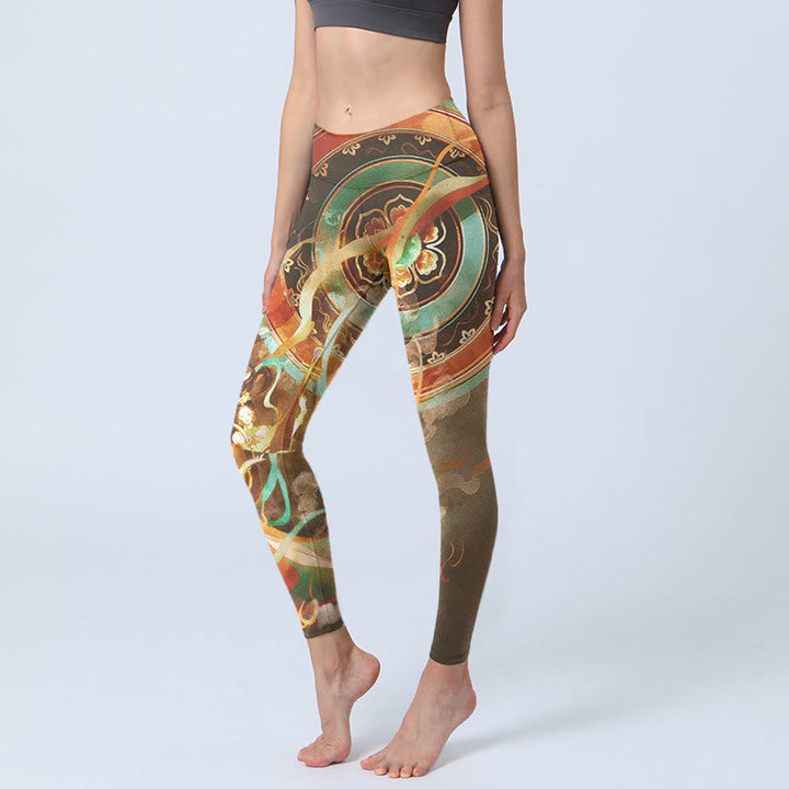Buddha Stones Dunhuang Flying Apsaras Mandala Print Gym Leggings Women's Yoga Pants - DarkKhaki - US18，UK/AU22，EU50 (4XL) - image 0